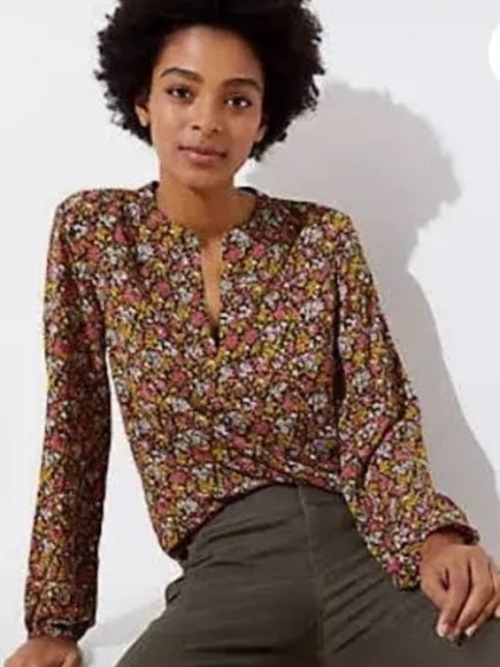LOFT Multicolor Floral Split-Neck Blouse